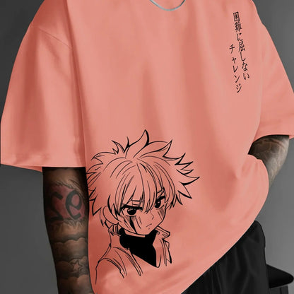 Men's 100% cotton fashionable casual loose fitting Japanese anime character pattern printed round neck short sleeved T-shirt top