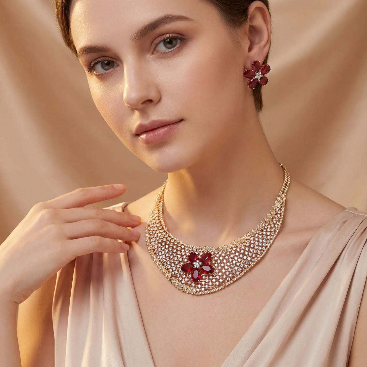 Cubic Zirconia Inlaid Hollow Leaf Flower Pendant Earrings and Necklace Jewelry Set