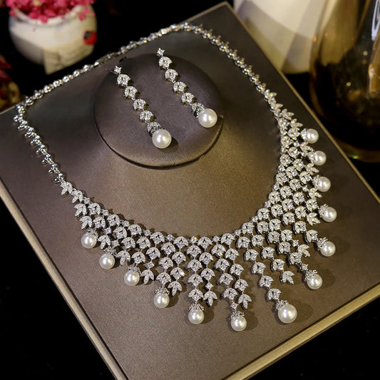 3A Cubic Zirconia Silver Color Tassel Necklace Luxury Pearl Jewelry Sets Bridal Dubai Wedding PROM Accessories
