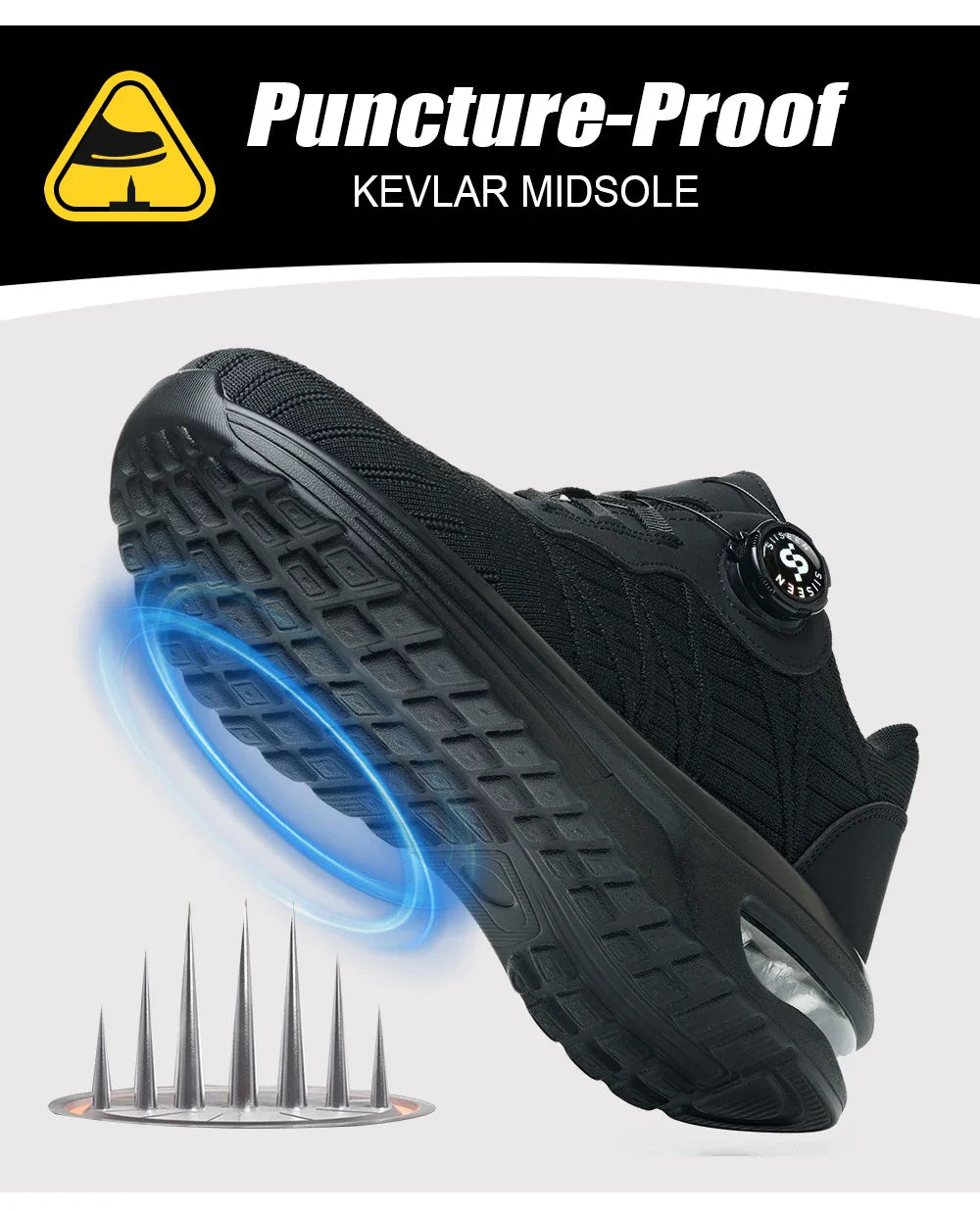 Men's Safety Shoes Steel Toe Anti- Crush Puncture Resistant Kevlar Pure Black Button Air Cushion Lightweight Work Shoes