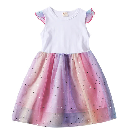 Baby Girls Dress Children Cartoon Mesh Star Sequins Princess Dress Kids Flying Sleeve Skirt For Birthday Gift