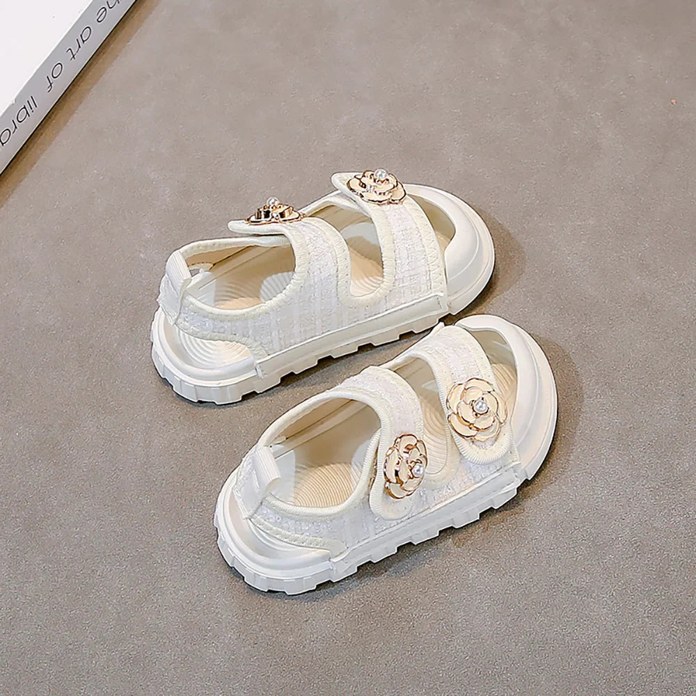 Korean Style Summer Sandals For Girls Luxury Pearl Flower Children's Beach Shoes Ergonomics Soft-soled Kid's Girl's Sandals