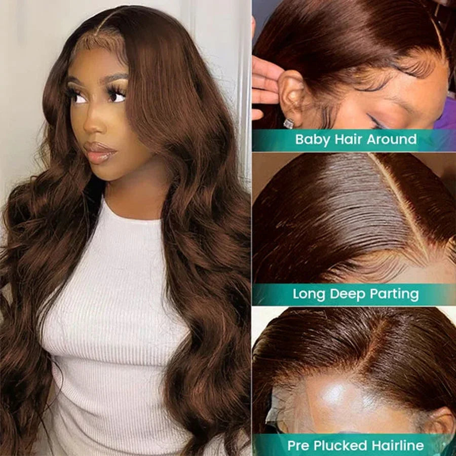 Chocolate Brown 13x4 Body Wave Lace Front Wig Pre-Plucked Brazilian HD 13x6 Lace Frontal Wigs for Women 32 Inch Human Hair