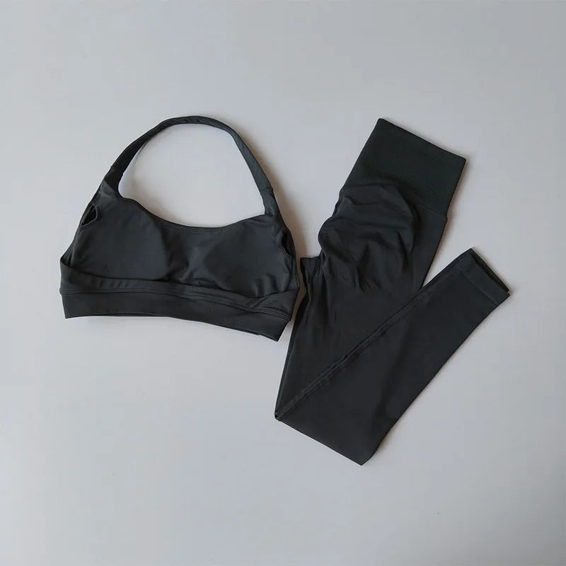 Sports Suit Women's Running 2PCS Set Seamless Yoga Thin Straps Beautiful Back Fitness Bras Gym High-waisted Peach Leggings Sets
