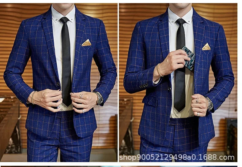 Men's Slim Fit Plaid Wedding Suit Jacket Korean Style Business Casual Single-breasted Suit with Set Wedding Groomsmen Wear