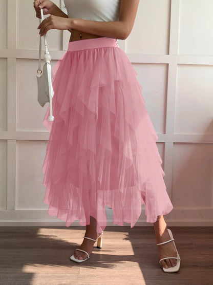 Medium waist chiffon long skirt for women, irregular layered pleated edge layered cake skirt, elegant fairy A-line skirt