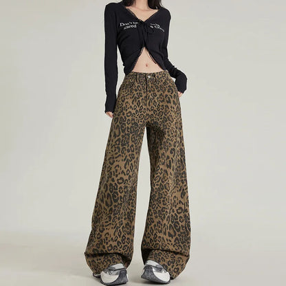 High Waist Leopard Jeans Women Wide Leg Jean