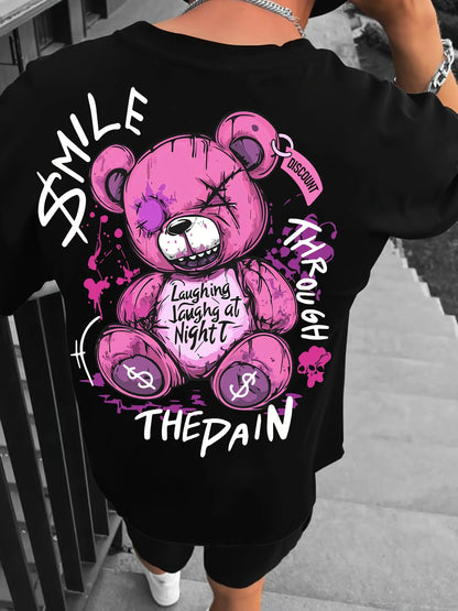 Trendy style new summer men's teddy bear letter print breathable and comfortable round neck T-shirt outdoor high street top