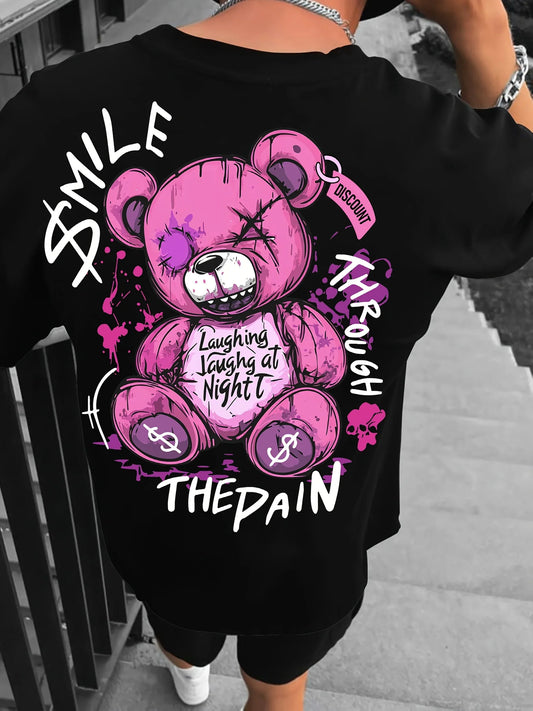 Trendy style new summer men's teddy bear letter print breathable and comfortable round neck T-shirt outdoor high street top