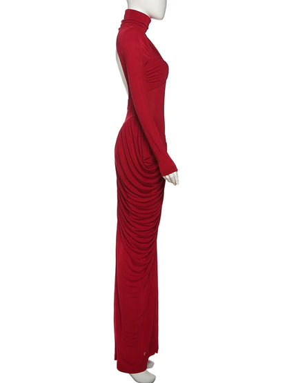 Autumn New Style Maxi Dress Women Turtleneck Full Sleeve Backless Skinny Stretch  Prom Party Ruched Elegant Vestidos