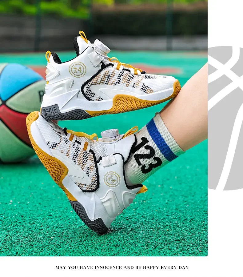 Boys Girls Quick Twist Lace Basketball Shoes Wear Resistant Comfortable Outdoor Athletic Footwear