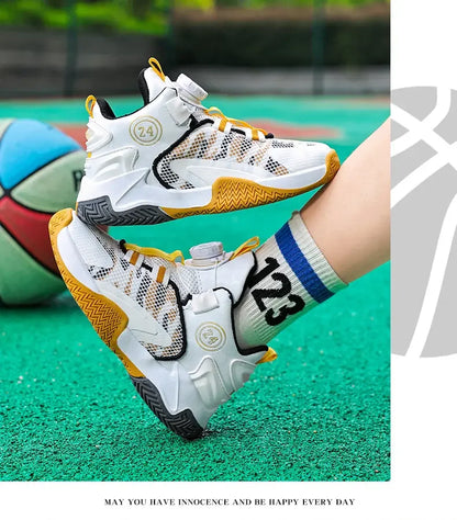 Boys Girls Quick Twist Lace Basketball Shoes Wear Resistant Comfortable Outdoor Athletic Footwear