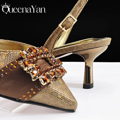 Elegant Noble Party Wedding Shoes And Bag Pointed Toe Decorated With Rhinestone Women Heel Shoes