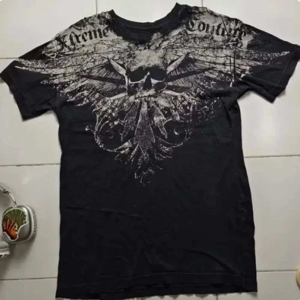 Camiseta masculina europeia e americana com estampa de caveira, confortável e respirável, gola redonda, moda de rua, top para ambientes externos