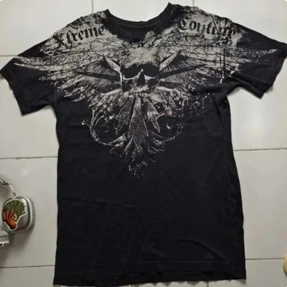 Camiseta masculina europeia e americana com estampa de caveira, confortável e respirável, gola redonda, moda de rua, top para ambientes externos