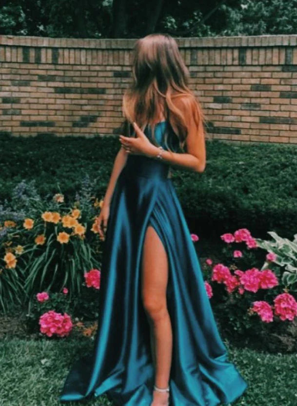 Women Sexy Prom Dresses Lace-Up Spaghetti Straps Backless Sling Evening Dress Satin A-Line High Split Maxi Train Party Gowns