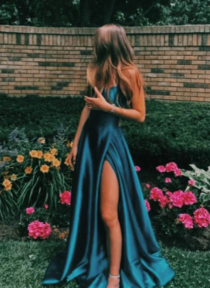 Women Sexy Prom Dresses Lace-Up Spaghetti Straps Backless Sling Evening Dress Satin A-Line High Split Maxi Train Party Gowns
