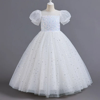 Children's Dress Girls' Princess Sequin Bubble Sleeve Long Mesh Flower Little Girl Wedding For Summer