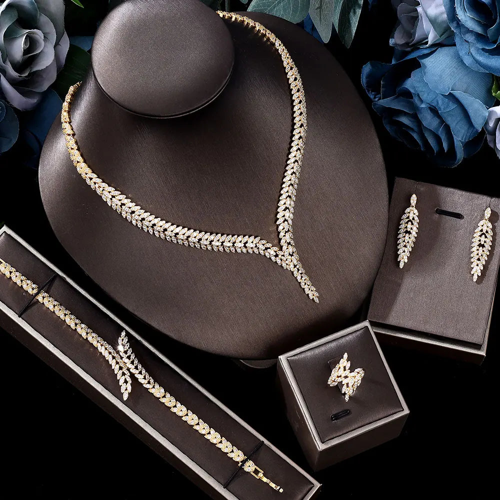 2023 Novo Conjunto Quente de 4 Peças Noiva Nigeriana Zircônia Cúbica Dubai Colar Pulseira Brincos Zircônia Cristal Conjunto de Joias de Casamento