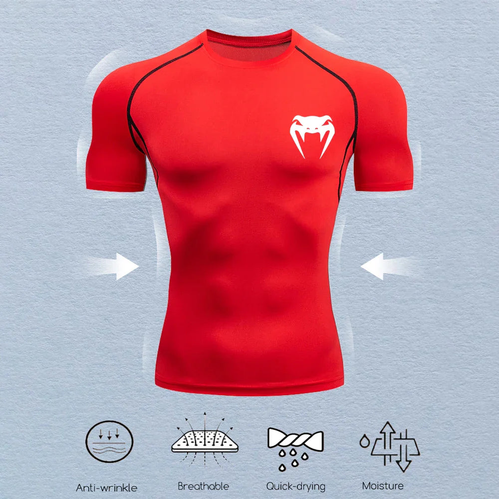 Men's Compression Shirts Fitness Snake Print Gym Shirts Quick Dry Rashguard Short Sleeve Sportswear Jogging Tops Tees Summer