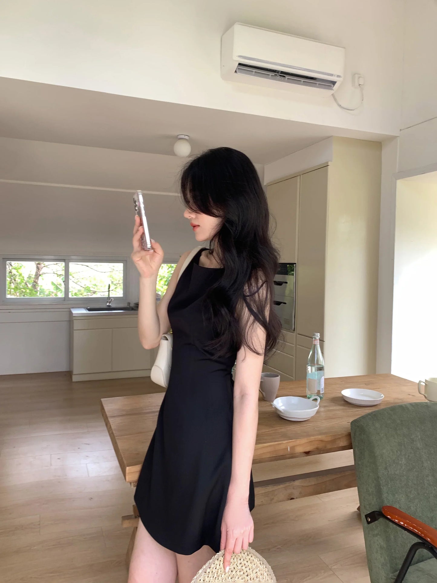 French Black Sleeveless Mini Dress Women Summer Slim Fit A-Line One-Shoulder Strap Dress Petite Elegant Casual Vacation Outfit