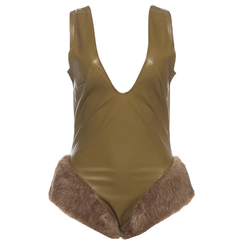 Faux Leather Skinny Bodysuits Woman Low-Neck Backless Sleeveless Furry Patchwork Hem Hot Girls High Street Style Bodycon
