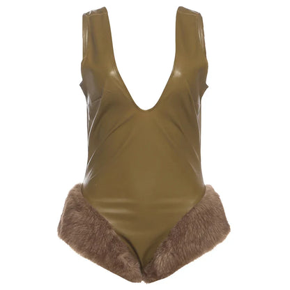 Faux Leather Skinny Bodysuits Woman Low-Neck Backless Sleeveless Furry Patchwork Hem Hot Girls High Street Style Bodycon