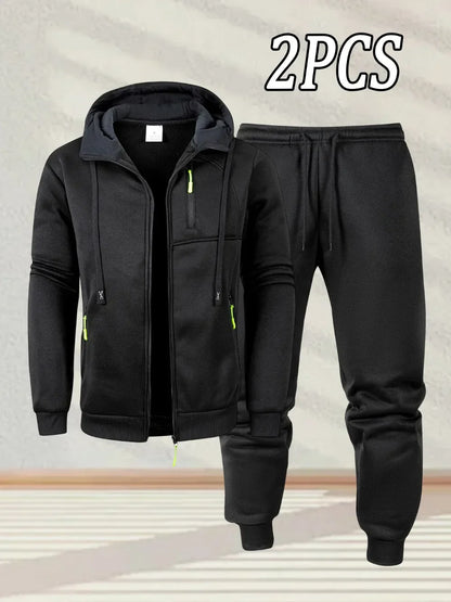 New Men's Casual Sportswear Autumn Solid Color Daily Sweatshirts Sweatpants Jogging Tracksuit Zipper Hooded Jacket and Pants Set