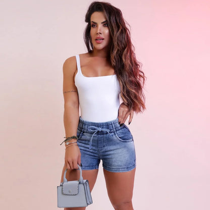 Women Jeans Denim Shorts Mid Waist Sexy Slim Fit Drawstring Pleated Summer 2024 Washing Pockets Slight Strech Solid Regular