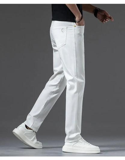 2024 New Men's Khaki White Cotton Stretch Slim Smart Jeans Casual Straight Business Fashion Beige Brand Denim Trousers
