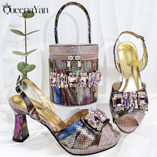 Nigerian-Inspired Rhinestone High Heels With Colourful Bucket Bag Fashionable Womens Footwear And Accessories Set