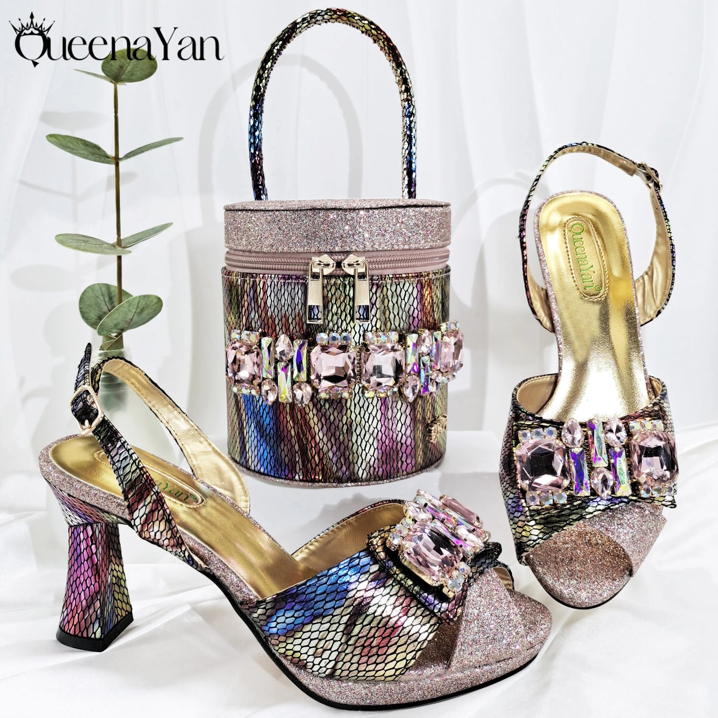 Fashionable New Gold Open Toe Women's Sandals with Matching Bucket Bag Set Perfect for Weddings and Parties