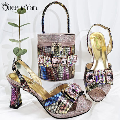 Fashionable New Gold Open Toe Women's Sandals with Matching Bucket Bag Set Perfect for Weddings and Parties