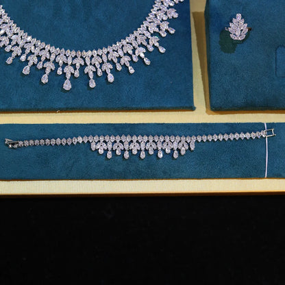 Dubai Jewelry Sets Leaf Design Bridal Necklace Earring Set 5A Cubic Zirconia Femme Ladies Wedding Accessories
