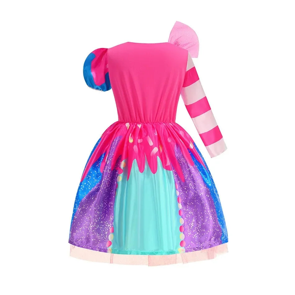 Presente Clássico para Festa de Carnaval de Purim para Meninas Vestido Arco-Íris Assimétrico Longo e Curto com Manga Doce Conjunto de Vestidos Fofos para Férias de Natal