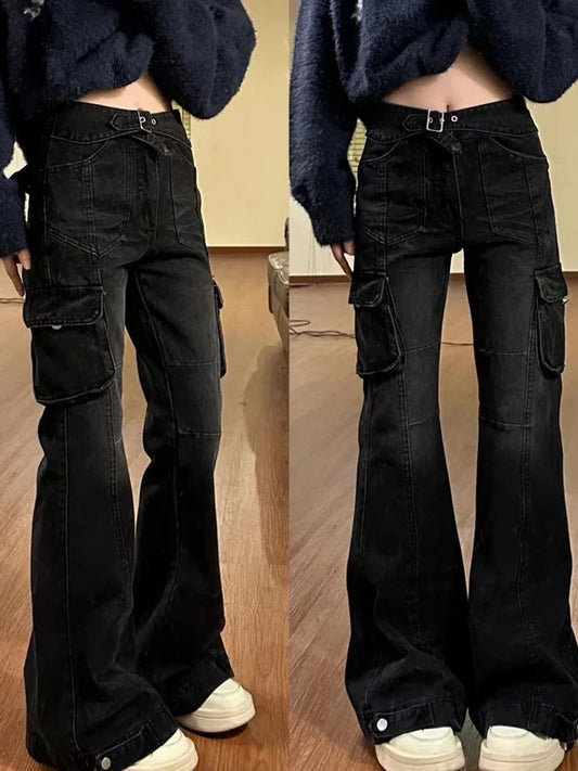 High Street Office Lady Black Flare Jeans Slim Bell Bottoms Gyaru Fashion Denim Trousers Multiple Pockets 2000s American Retro