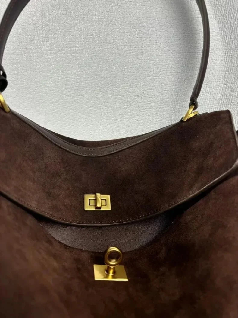 Suede Leather Tote Bag for Women Large Capacity Cowhide Shoulder Bag Designer Lock Satchel Chic Soft Nubuck Crossbody Purse