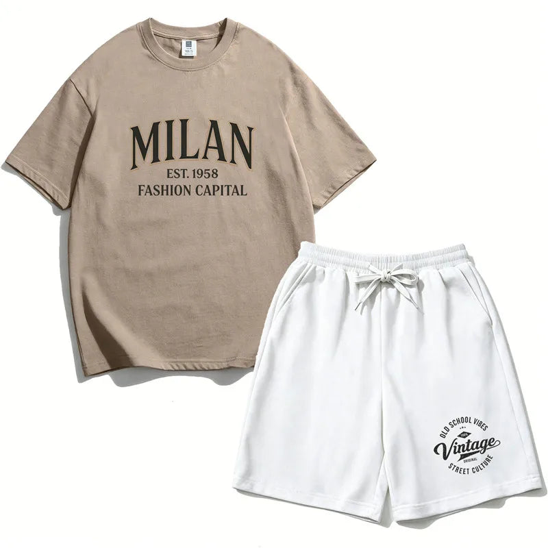 Summer Boys Cotton T-Shirt Shorts Set Casual Kids Milan Graphic Print Short Sleeve Suit Children's Outfit 2026 ML1