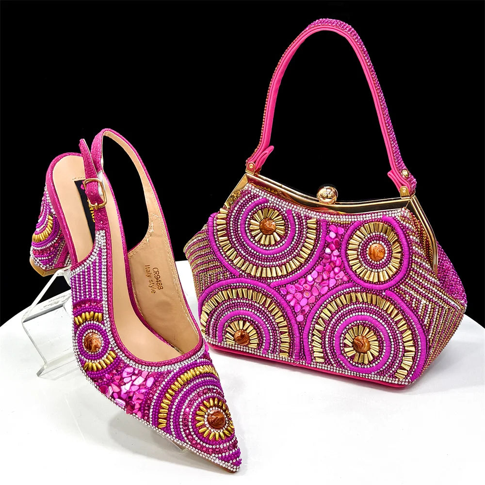 2025 Moda Mais Recente Chegada Laranja Ponta Fina Sandálias Femininas Sapatos com Bolsa Conjunto para Senhoras Festa de Casamento Salto