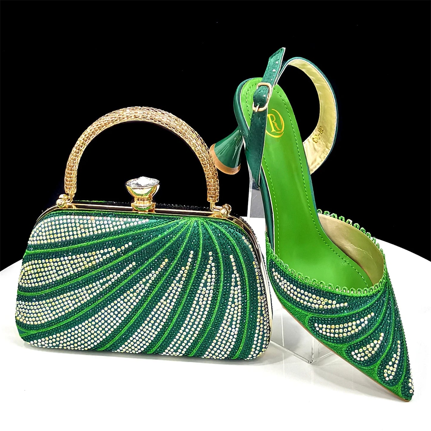 New Green Colour Pointed-Toe Diamond-Studded Party Women's High Heels Gorgeous Parties Shoes and Bag to Match