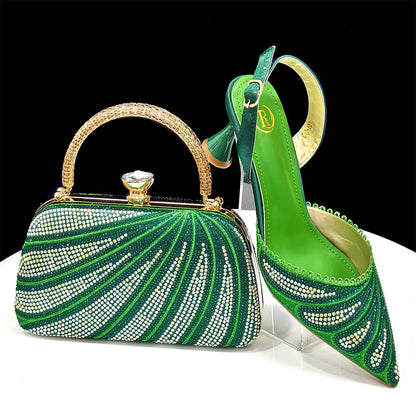 New Green Colour Pointed-Toe Diamond-Studded Party Women's High Heels Gorgeous Parties Shoes and Bag to Match