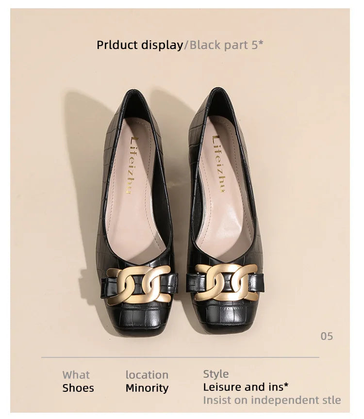 Plus Size 35-43 Women Pumps Med Heel Square Toe Pumps Office Lady Leahter Shoes Big Gold Metal Chain Soft Soles Slip on Shoes