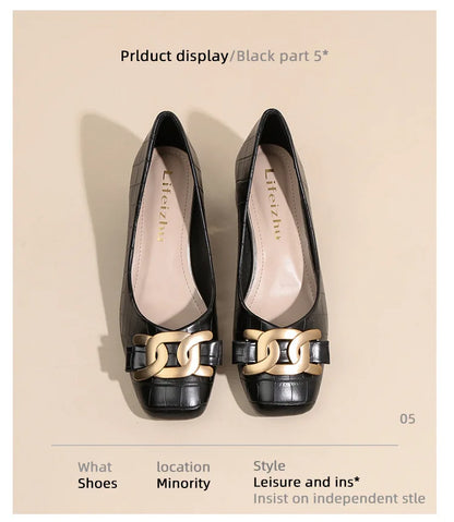 Plus Size 35-43 Women Pumps Med Heel Square Toe Pumps Office Lady Leahter Shoes Big Gold Metal Chain Soft Soles Slip on Shoes
