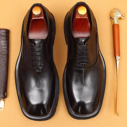 5cm heels High Quality Thick Sole Height-increasing Shoes Man Square Toe Lace-up Oxford Shoes Cowhide Leather Men Dress Shoes
