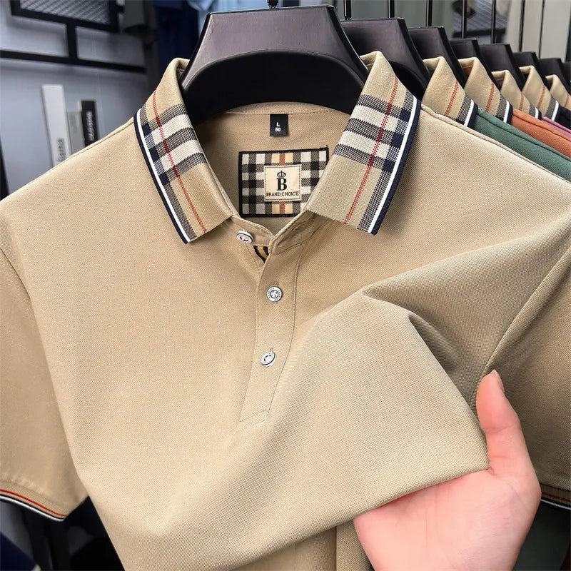 Fashion brand luxury short sleeve polo shirt men summer quality silky cotton breathable business casual striped collar T-shirt