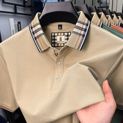 Fashion brand luxury short sleeve polo shirt men summer quality silky cotton breathable business casual striped collar T-shirt