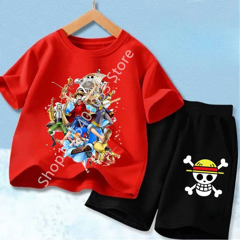 Summer Short Sleeve Clothes Set Anime Boy Girl T Shirt Shorts 2pcs One Piece Kids Outfit Chopper Luffy Tracksuit Suit Children