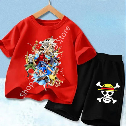 Summer Short Sleeve Clothes Set Anime Boy Girl T Shirt Shorts 2pcs One Piece Kids Outfit Chopper Luffy Tracksuit Suit Children