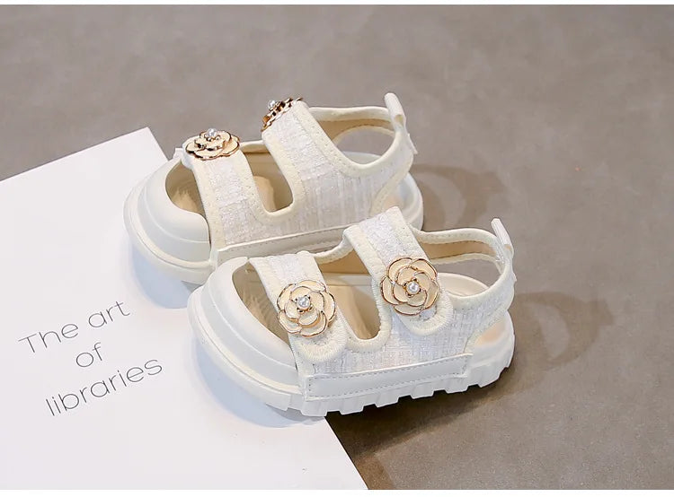 Rose Sweet Style Sandals Summer Solid Color Girls Baby Sandals Open Toe Small PU Slipper Shoes Size 21-35