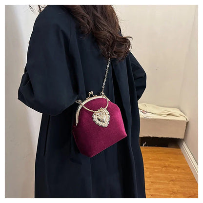 Velvet Frame Heart Dinner Hand Bags Diamonds Chains High Quality Shoulder and Crossbody Bags for Women 2024 Fashion Hot Sale